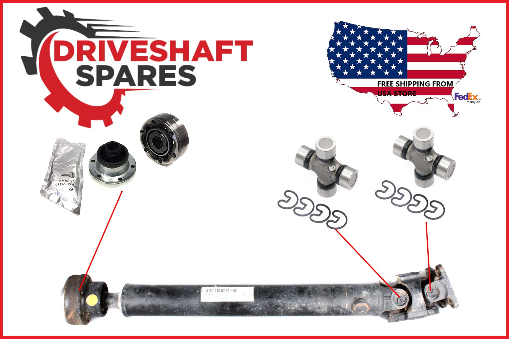 Mercedes ML Series Front Driveshaft CV Joint + 5-153X U-Joint 1310 Series (X2).