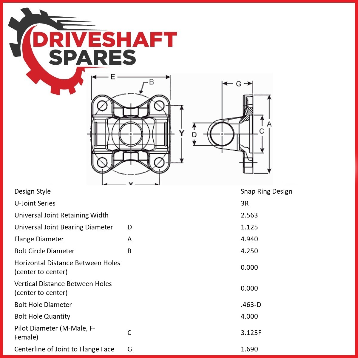 Flange Yoke 3R 1344 Series, 4xØ.463 Holes on 4.250BC, 3R-2-8268 1978+ Chevy GMC - Image 3